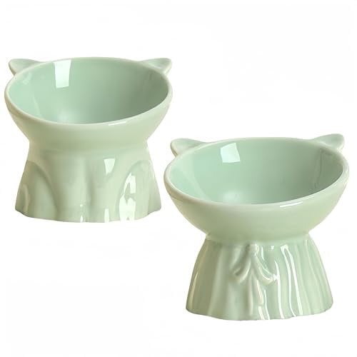 NBBENG 2 Pack Ceramic Raised Cat Food Bowl, Cat Bowls for Food and Water, Raised Cat Bowl Elevated Cat Feeding Bowls with Stand, Tilted Neck Protective Bowl for Pets, 15° Tilted, Green