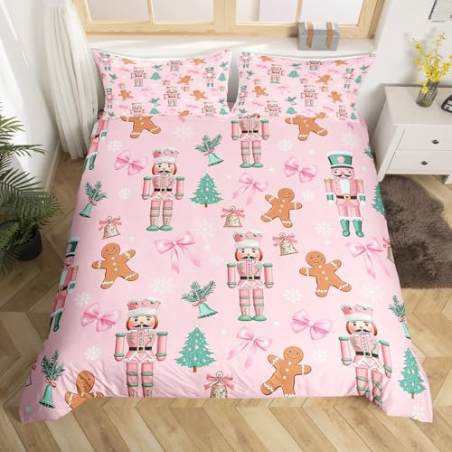 Pink Nutcracker Duvet Cover Set Single Size,Kawaii Bowknot Gingerbread Bedding Set,Girls Women Room Decor,Christmas Tree Snowflake Comforter Cover,Princess Dreamy Quilt Cover,1 Pillowcase(No Filler)