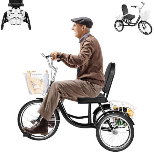 ACROSSPART Dreirad für Erwachsene, Anti Rollover Dreirad, Hochkohlenstoffstahl 3 Räder Fahrrad mit 2 Korb, Höhenverstellbar, Bis 150kg