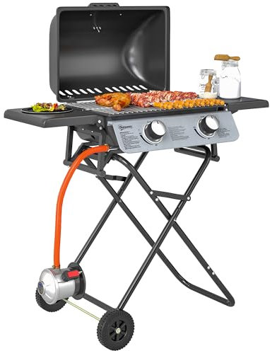 Outsunny Gasgrill 5,6 KW Grillwagen inkl 2 Edelstahl-Brenner klappbar Seitenablagen Rolle Druckminderer Gasschlauch Deckel Thermometer, BBQ Gartengrill für Balkon, Camping-Grill 101 x 50 x 102 cm