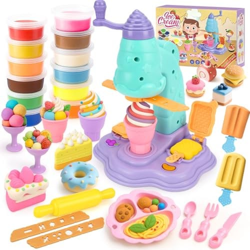 Dreamon Knete Eismaschine - Knete Spielküche Zubehör ab 3 4 5 6 Jahre, Knetwerkzeug Kinder mit 12 Knetmasse, Kinderknete Spielzeug Geschenk Mädchen Junge