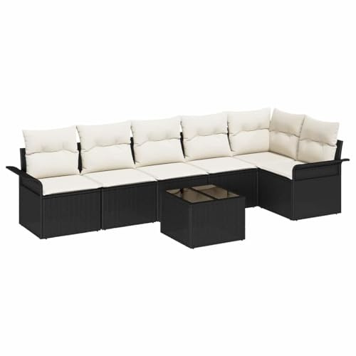 vidaXL 6-teiliges Garten-Sofa-Set mit Kissen in Schwarz und Weiß, praktische Poly-Rattan-Möbel für die Terrasse, Bequeme Lounge-Modular-Sofas und Ecksofas