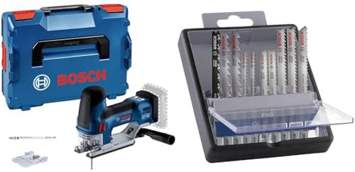 Bosch Professional 18V System Akku Stichsäge GST 18V-155 SC (ohne Akkus und Ladegerät) + 10x PRO Hardwood and Laminate Stichsägeblatt-Set (für Hartholz, Parkett, Länge 83 mm, Zubehör)