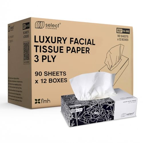 Select Luxury Ultra Soft Facial Tissues 12 Boxes - 3 Ply, 1,080 Sheets Soft White Tissue Paper - Versatile Tissue Boxes for Home, Office, Schools & Healthcare