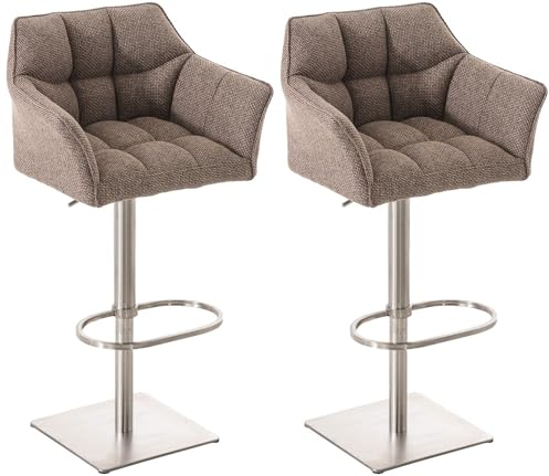 CLP 2er Set Barhocker Damaso Stoffbezug I Gepolsterte Barstühle höhenverstellbar und drehbar I Tresenstühle mit Rückenlehne, Farbe:terrabraun, Gestell Farbe:Edelstahl