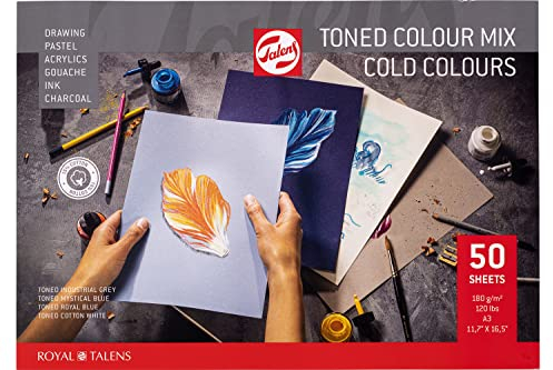 Talens Paper - Bloc de papier ton sur ton mélange de couleurs froides A3 42x29.7cm - 180g 50 feuilles - Haute qualité 15% coton 20% recyclé - Pour crayons Pastels Gouache Encres Acryliques Fusain