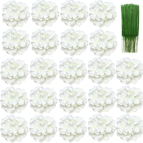 FagusHome 8 Zoll Big Silk Hydrangea Köpfe 24 Stück Künstliche Blumen Köpfe mit Stielen Gefälschte Hortensien Blumen in Weiß für Dekor (24 Pcs)