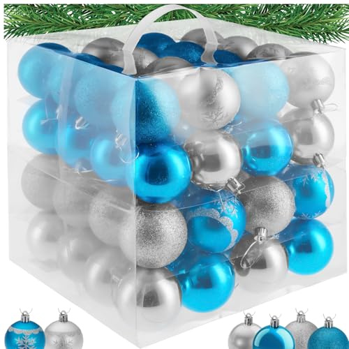 tectake® Boules de Noël Bleues et Argent, 64 pièces, Boule de Noel Ø 6 cm avec Suspension Boule, Mate, Brillante ou pailletée, Ficelle dorée ou argentée, Décoration Noël Sapin, Déco Sapin de Noel