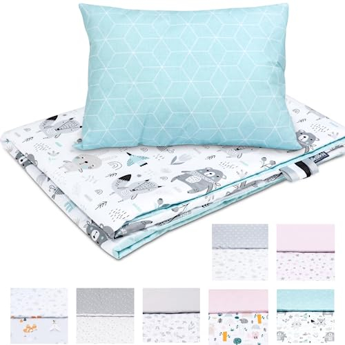 Bellochi Multifunktional Baby Decke Set - Doppelseitig Baby Bettwäsche 75x100 cm und Kissen 30x40cm - aus 100% Baumwolle - Animaland