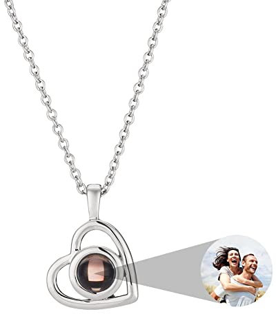ZLHZW Picture Necklace Personalised for Women - Custom Photo Love Heart Projection Pendant - Customised Portrait Jewelry - Birthday Anniversary Memorial Gifts Girlfriend Wife Mother Daughter - Silver