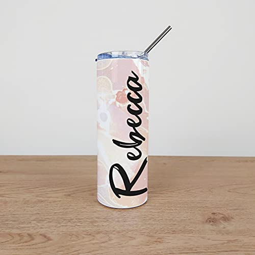 Gobelet personnalisé en acier inoxydable avec paille et marbre rose - Design moderne - Réutilisable - 590 ml - Double paroi - Mug de voyage isotherme pour boissons chaudes et froides - Couvercle fermé