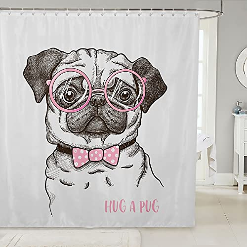 Hund Duschvorhang Textil Kinder Niedlich Mops Hund Duschvorhang 180x200cm Jungen Mädchen Karikatur Haustier Tier Dekor Welpen Hippie Mops Liebhaber Tuch Stoff Vorhänge Badewannen