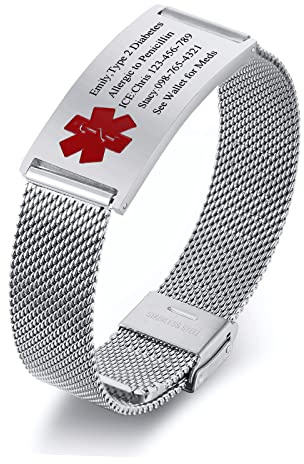 VNOX Personalizable Pulseras para Hombres Médica : Mujeres y Niños, Ajustable, Acero Inoxidable, Pulsera de Identificación Médica de Emergencia, Grabado Pulseras, Negro, Plata, Rosa
