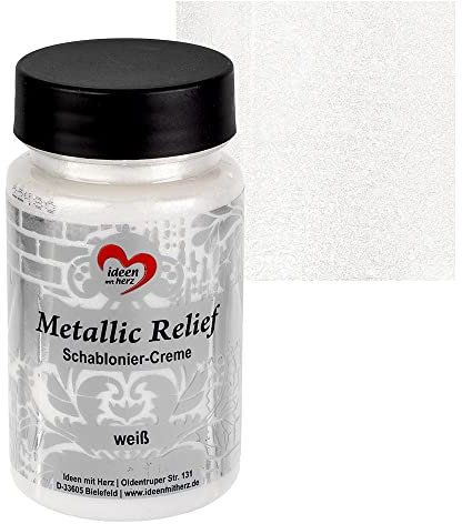 Ideen mit Herz Schablonier-Creme Metallic Relief | feine Strukturpaste | Schablonierfarbe | Schablonierpaste | 90 ml | auf Wasserbasis (weiß)