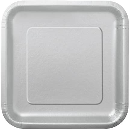 Trimming Shop Platos de Postre Cuadrados Resistentes de 23 cm, Platos Plateados de 23 cm, Paquete de 14 – Vajilla de Papel con temática de Colores