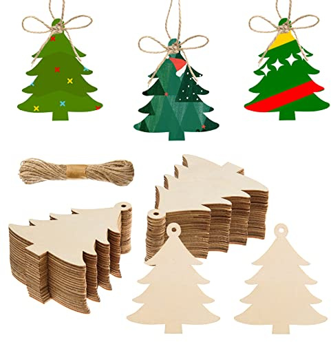 150 piezas de madera para árbol de Navidad, adornos para colgar en el árbol de Navidad, adornos para colgar en blanco, recortes de madera con cuerdas para manualidades, decoración de Navidad