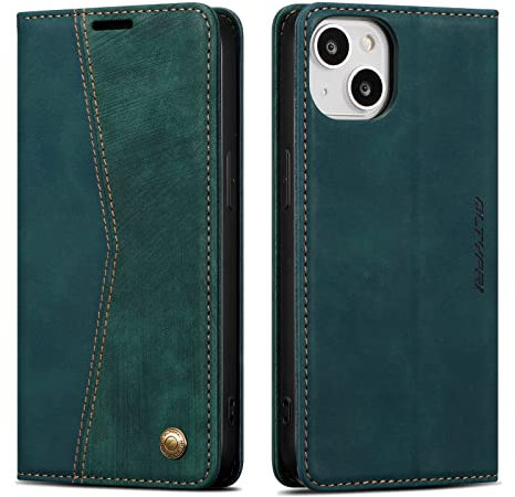 QLTYPRI Wallet Case for iPhone 14, Vintage PU Leather Folio Case with Card Slots Kickstand Magnetic Closure Shockproof Flip Phone Cover for iPhone 14 - Green