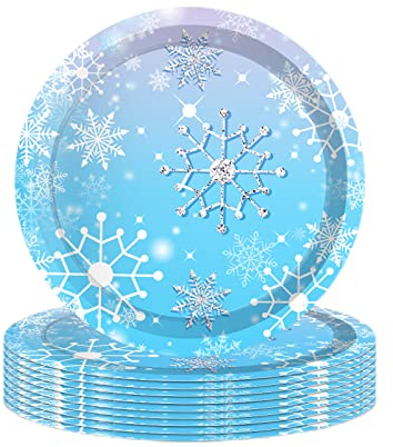 Blue and White Snowflake Christmas Party Paper Plates 7,8Pc Xmas Winter Snowflakes Disposable Paper Plates Frozen Christmas Tableware Decor for Winter Holiday Xmas Frozen Party Supplies Decorations
