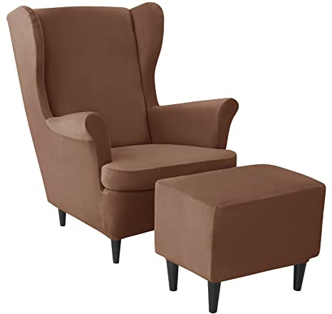 JHLD Samt Stretch Husse für Ohrensessel Mit Ottomane - 3 Stück Schonbezug, Weich, Abnehmbar, Waschbar - Dunkler Kaffee