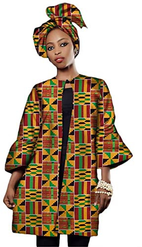 Afrikanische Damenbekleidung, bedruckt, vorne offen, Bluse, Jacke, Mantel, Outwear mit Kopftuch, Afrika-Kleidung, T12, XXX-Large