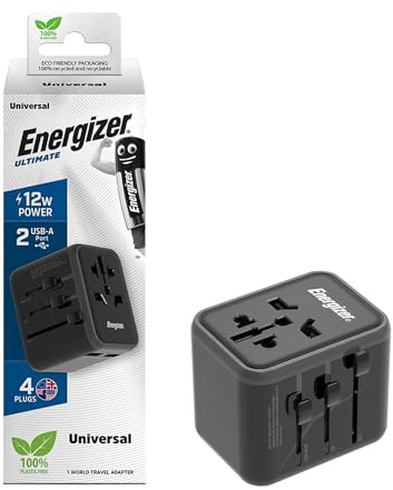 Energizer – Adaptateur de Voyage International Universel – Prises France/Europe/US/UK/AU – 2 Ports USB-A 12W – Compact & Sécurisé – Noir