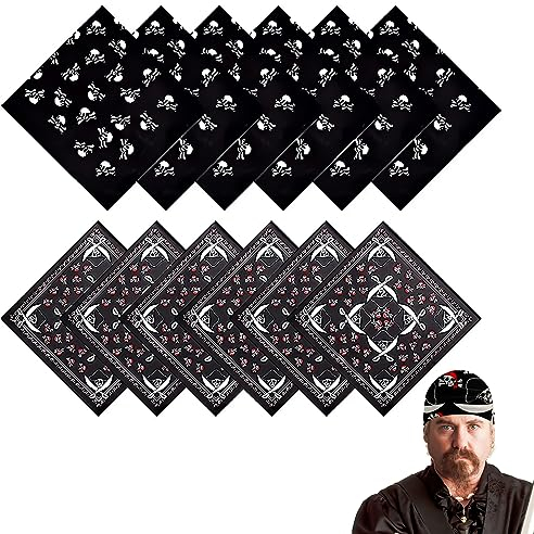CLDURHGE Piraten Kopftuch Bandana, Piraten Kopftuch Pirat Bandana für Pirat Thema Party Piratentuch Schwarz Paisley Bandana Kopftücher Piratenkostüm Halloween(12 Stück)