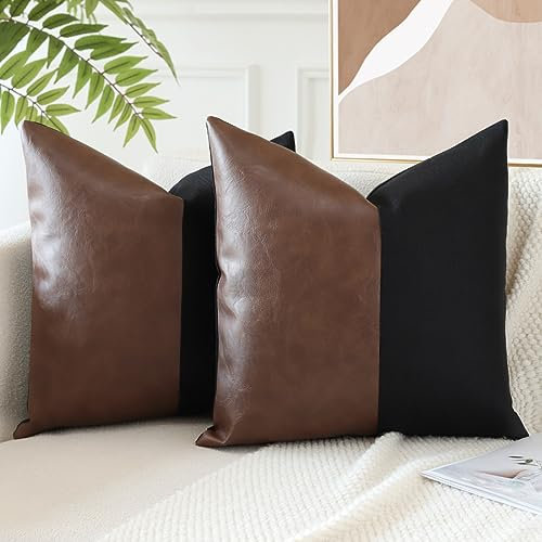 JOTOM Lot de 2 Noir Marron Faux Cuir Patchwork Housse de Coussin Moderne 45 x 45 cm Boho Farmhouse Décorative Taie d'oreiller pour Canapé Salon Lit (Marron Noir)
