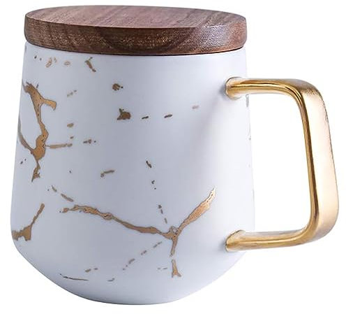 LIBFITH Kaffeebecher, Teetasse, Keramik Tasse, Gold Design mit hölzerner Untertasse (Weiß mit Deckel)