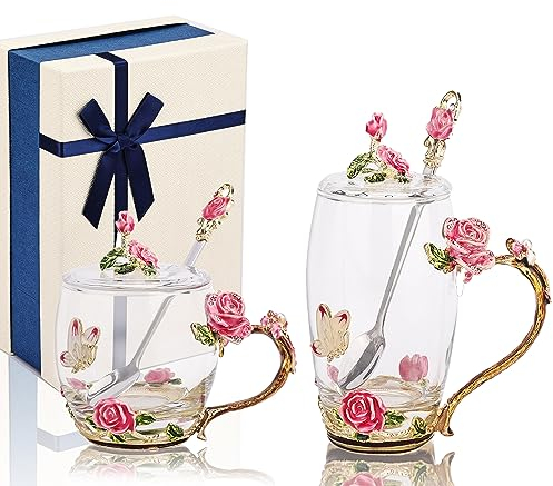 Emaille Schmetterling Blume Glas Kaffeebecher mit Löffeln und Deckeln, Satz 2-Sätze mit Geschenkbox für Frau, Mama, Großmutter, Freundin, Schwestern, Weihnachten, Geburtstag (Rosa)