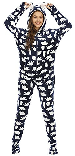 Femme Pyjama Combinaison Flanelle avec Pieds, Onesie Mignonne Douce Chaude Une Pièce Grenouillere à Capuche Confortable Pyjama Integral Imprimé BL