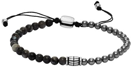 Fossil Herren-Edelstahl-Perlenarmband mit Schieberverschluss, Schwarz und Stahl