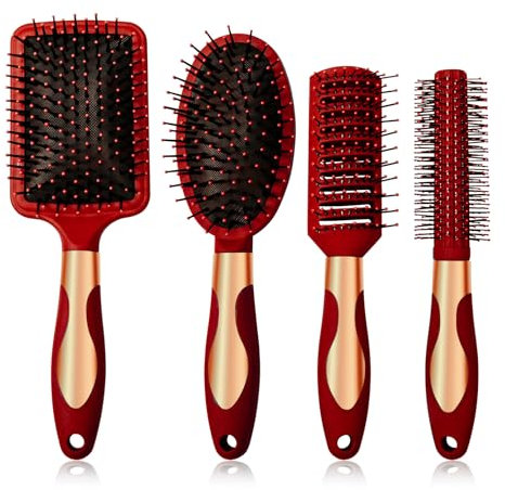 Anti Static Hair Brush Set - Oval, Round & Detangling Brushes - Vented Paddle Brush - Massage Bristles for Women & Men - Red
