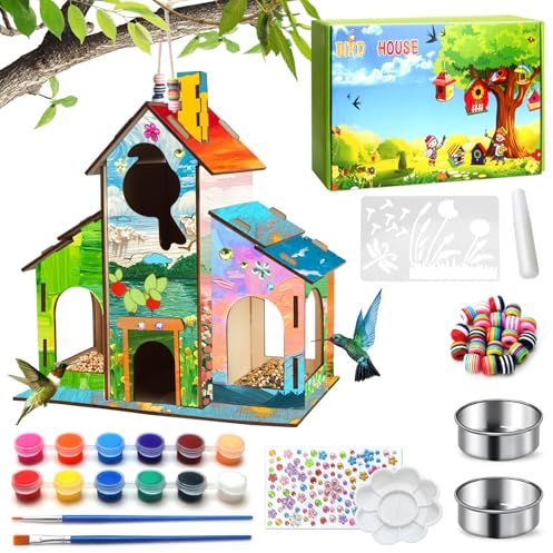 Vogelfutterhaus Bausatz,Kinder Holz Paint Vogelhaus Bastelset,DIY Vogelfutterspender Bemalen Kreativ Holzkunst Basteln,Kunst Handwerk Vogelfutter für Draußen Geburtstag Weihnachten