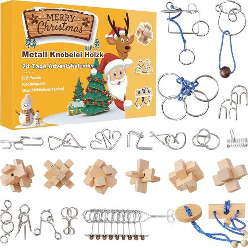 Calendrier de l'avent 2024 Casse Tete, Casse Tête en Bois et en Métal pour Cadeau Noël Enfant Adulte, Puzzle 3D pour Garçons Filles, 24 Jours de Surprise Calendrier du Compte à Rebours