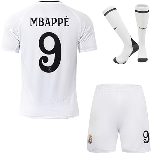 KISRAS R.Madrid Mbappe #9 2024/2025 Heim Trikot Shorts und Socken Kinder und Jugend Größe (Weiß,16)