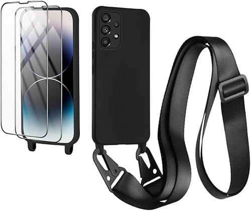 CaseLover Handyband kompatibel iPhone 15 Pro Max Hülle mit Band, Schwarz | mit 2 Stück Schutzfolie, Flüssiges Silikon Necklace Handyhülle, Verstellbarer zum Umhängen Kordel, Stossfest Schutzhülle