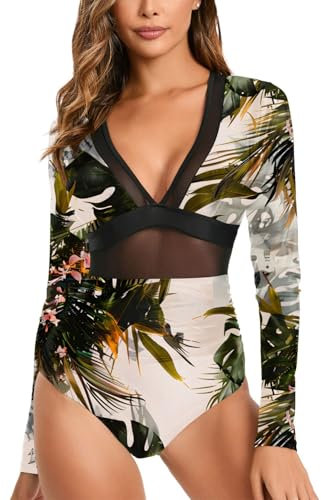 NESY Women's Long Sleeve Rash Guard Swimsuits One Piece Bathing Suit UV Protection Surfing Suit Zipper Printed Swimwear, 16-leaves, S
