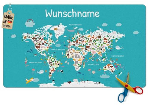 Pr Print Royal Schreibtischunterlage selbst gestalten mit Name - Weltkarte mit Tieren - Waschbar, Personalisierte Geschenke zur Einschulung | 60x35 cm, Rutschfest