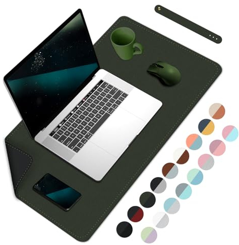 BLESWIN Schreibtischmatte, PU Leder Schreibtischunterlage, Wasserdichtes großes Mauspad, Leicht zu reinigende Laptop Matte für den Schreibtisch-Dunkelgrün+Schwarz, 60cmx35cm