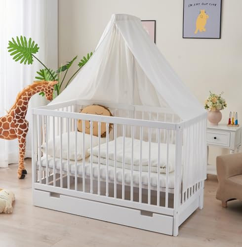 ALAVYA HOME® Komplettbett Babybett 70x140 mit Matratze, Schublade, Himmel und Himmelstange aus Buchenholz (Tobi - Schublade + Himmel Weiß + Himmelstange, 70 x 140 cm)