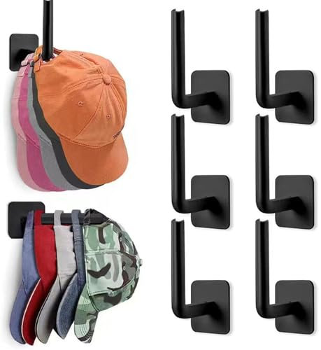 6 Pack Hat Hooks,Multi-Purpose Hat Organizer,Strong Adhesive Hat Racks for Wall & Door Baseball Cap Holder, Closet & Storage Organiser, Strong Cap Hanger for Room & Mancave, No Drilling (Black)