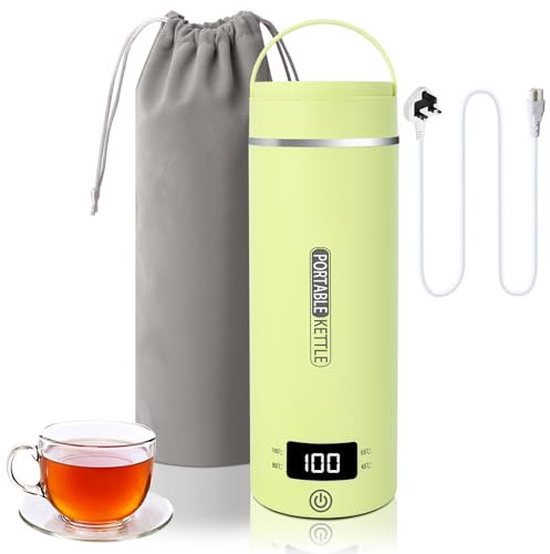 Reise Wasserkocher Klein Elektrische, 500ML/300W Tragbarer Wasserkocher Mini Wassertasse Edelstahl 316, Heizung Automatisch Abschalten,mit umkehrbarem Deckel für Tee (Grün)