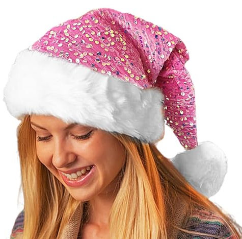Berriphonia Glitzer Santa Hut für Frauen, Pailletten -Weihnachtsmütze für Erwachsene, Santa Kostümhut, Paillist