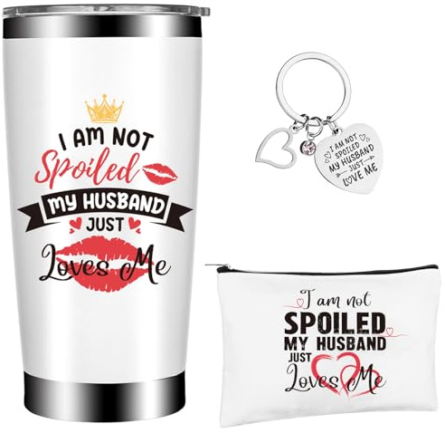 ULELE Gifts for Wife from Husband,I Am Not Spoiled My Husband Just Loves Me Tumbler Cup,Wife Gift-s Stainless Steel Tumbler Keychain Makeup Bag Mothers Day Gifts,Birthday Wedding Love Gift for Wife