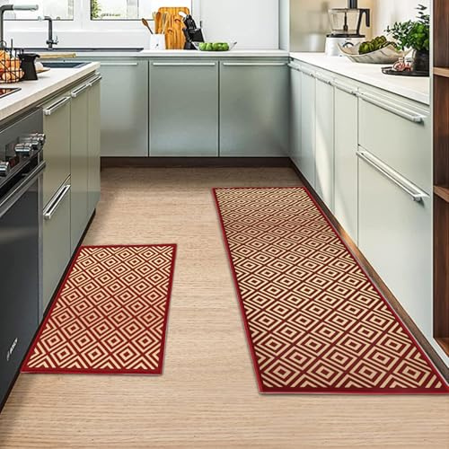MIQEBX Kitchen Rug 2 Piece Set,Non-Slip Absorbent and Washable Runner Rug,Geometric Kitchen Floor Mat for Kitchen, Home, Office, Sink, Laundry (B-Red, 43x150cm+43x75cm)