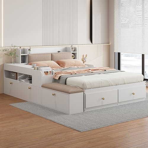 Massivholz-Kombi-Bett (140x200cm), Kopfteil mit eingebautem Staufach, mit Schubladen, mit Nachttisch, mit Stauraum-Langschrank, mit Sofabank, Stauraumbett Doppelbett Stauraumbett Tatamibett (weiß)