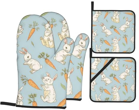 Ofenhandschuhe und Topflappen mit Karotten-Hasen-Muster, Küchenhandschuhe mit Topflappen, rutschfeste Handschuhe, hohe Hitzebeständigkeit, 500 Grad, für Grill, Backen, Kochen, Ofen, Mikrowelle, 4