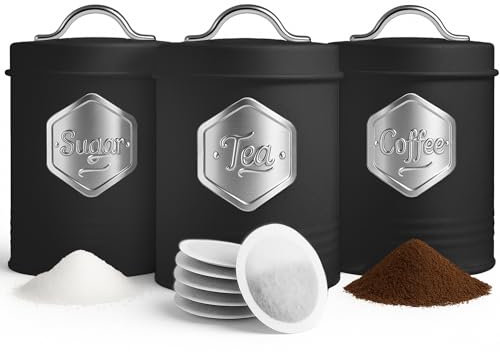 HEFTMAN Black Tea Coffee Sugar Canisters - Stylish 3 Piece Canisters Sets for the Kitchen, Sugar Coffee Tea Storage Set with Airtight, Labelled Containers (3 PCS, Black/Silver)