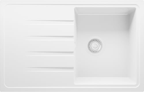 PRIMAGRAN Spülbecken ab 45er Unterschrank + Ablauf-Set, 78x50cm | Set: Ablauf-Set (Siphon, Ablaufgarnitur, Überlauf) + Granitspüle 1 Becken - Mailand, Alles Weiß