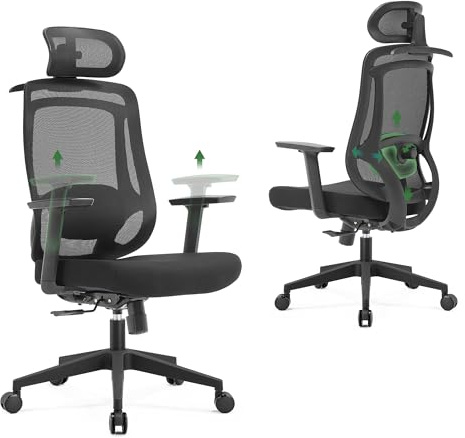 CALIYO Icon-H Bürostuhl Ergonomisch, Schreibtischstuhl mit Verstellbarer Kopfstütze, Armlehnen, Lendenstütze und Wippfunktion – Atmungsaktiver Mesh-Drehstuhl, Gamingstuhl, Bürostuhl 150 kg, Schwarz